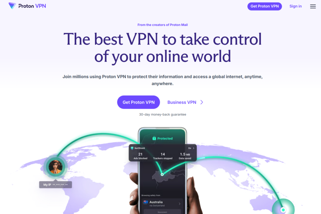 ProtonVPNの公式サイト画面